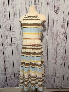 DKNY Halter Stripe Maxi Dress‎ in Light Blue, Yellow and Brown